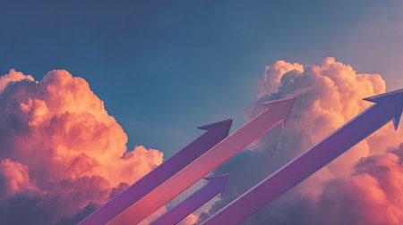 This captivating image features arrows pointing upward against a colorful sky with fluffy clouds at sunset, symbolizing growth, progress, and positive transformation.の素材