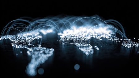 A captivating digital world map illuminated with bright connections, representing global communication and data flow over a dark backdrop, perfect for technology themes.の素材