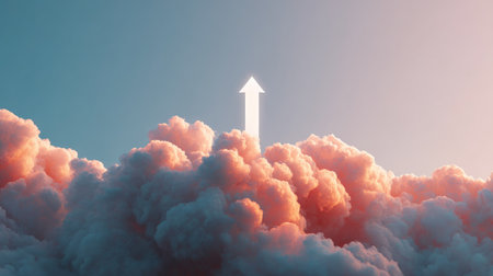 Captivating image of soft pink clouds layered in a bright sky, with an upward arrow symbolizing hope and progress. Suitable for creative and motivational projects.の素材