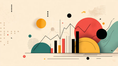 This abstract artwork features vibrant circles and bold bars, combining geometric shapes and dynamic lines to represent growth, creativity, and modern design aesthetics.の素材