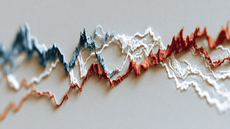 This abstract image showcases a dynamic waveform pattern in blue, red, and white, perfect for illustrating data visualization, modern design, and scientific concepts.の素材