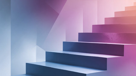 This image features modern stairs with a soft gradient light, capturing an abstract design that evokes feelings of calmness, transition, and inspiration in a contemporary setting.の素材