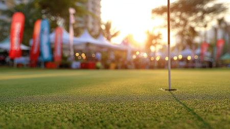 A captivating close-up view of a golf green highlighted by a vibrant sunset. The soft-focus background features event tents and banners, creating a lively atmosphere for sports enthusiasts.の素材
