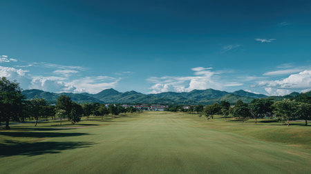 Experience the beauty of a vast green golf course framed by impressive mountains under a stunning blue sky, perfect for outdoor activities or serene moments in nature.の素材