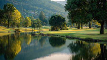 A picturesque golf course scene featuring vibrant greens, peaceful water reflections, and a stunning backdrop of rolling hills, creating a perfect outdoor retreat.の素材