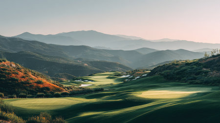 Experience the beauty of a serene golf course at sunrise, showcasing rolling hills and distant mountains, perfect for both golf enthusiasts and nature lovers.の素材