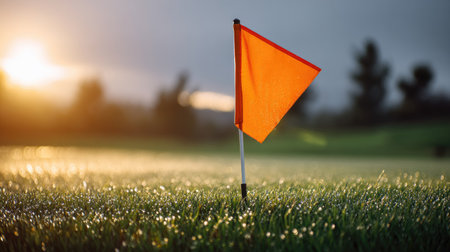A vibrant orange flag stands on a dew-sprinkled golf course green as the sun sets in the background, creating a peaceful and inviting atmosphere for golfers.の素材
