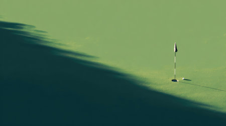 A striking image of a solitary golf flag on a putting green, partially shaded by a shadow, creating a serene atmosphere perfect for sport and leisure themes.の素材
