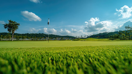 Expansive view of a golf course showcasing vibrant green grass and a clear blue sky, perfect for sports enthusiasts, nature lovers, and travelers seeking tranquility.の素材