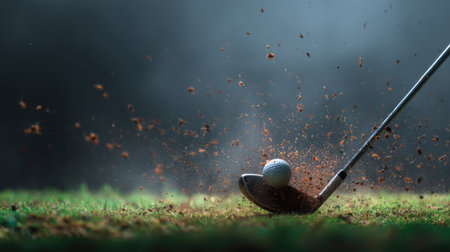 A breathtaking close-up image capturing the moment a golf club connects with a ball on a vibrant green course, emitting dirt and grass for a thrilling outdoor scene.の素材