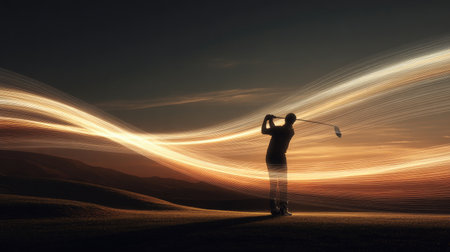 This captivating image showcases a golfer in motion against a breathtaking sunset backdrop, enhanced by colorful light trails that illustrate energy and creativity.の素材
