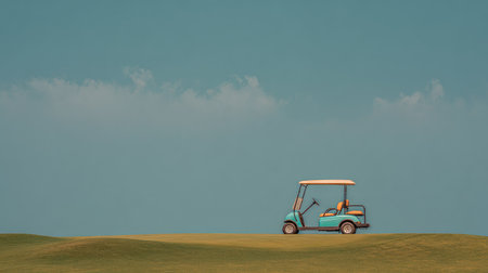 A golf cart remains stationary on lush green hills under a bright blue sky, creating a tranquil scene perfect for capturing outdoor leisure activities and serenity.の素材