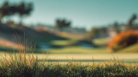 A beautiful depiction of a golf course with lush green grass and a blurred background, creating a serene atmosphere perfect for relaxation and outdoor activities.の素材