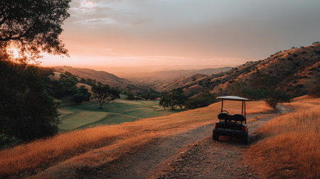 A tranquil landscape featuring a golf cart parked on a winding path, with rolling hills bathed in the warm glow of sunset, inviting relaxation and exploration.の素材