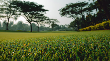 A serene view of a lush green grass field at dawn, surrounded by trees, capturing the tranquility of nature perfect for golf course themes and outdoor activities.の素材