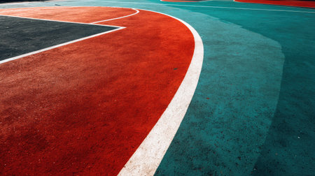 This image showcases a vibrant basketball court with bold colors and unique patterns. The artistic design features contrasting colors, perfect for sports-related themes.の素材