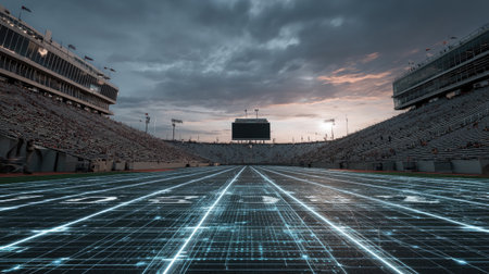 An expansive view of an empty stadium illuminated by a digital grid overlay under a moody sunset sky, capturing the intersection of sports, technology, and design.の素材