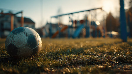 A close-up view of a lone soccer ball resting on dewy grass, set against a soft-focused playground. The warm sunset casts a serene glow over the scene, capturing the essence of outdoor play.の素材