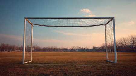 An empty soccer goal on a grassy field at sunset creates a serene atmosphere. The tranquil scene captures the beauty of outdoor sports and nature.の素材