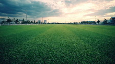 A stunning view of a lush green grass field illuminated by a gorgeous sunset, with a backdrop of urban buildings and a vast cloudy sky, perfect for leisure activities.の素材