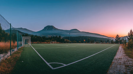 A tranquil soccer field under a vibrant sunset, framed by a majestic mountain backdrop. Ideal for sports enthusiasts and nature lovers seeking outdoor adventures.の素材