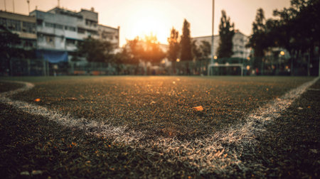 A serene urban soccer field captures the essence of evening play, with grass glistening in the warm sunset light and buildings silhouetted in the background.の素材