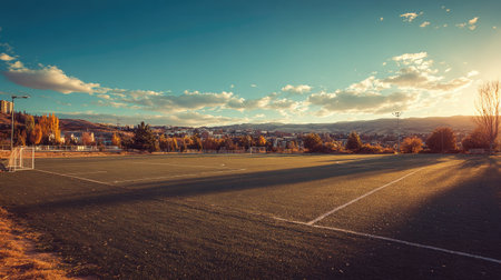 An expansive view of an empty soccer field bathed in sunset light, highlighting lush green grass and picturesque hills, offering a tranquil outdoor setting.の素材