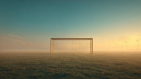 A serene depiction of an empty soccer goal set against a lush green field at sunrise. Soft fog envelops the surroundings, creating a calm and peaceful atmosphere.の素材
