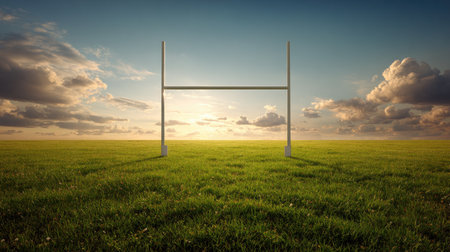 A solitary rugby goalpost stands amidst a vast green field, illuminated by the warm hues of a sunset. The serene landscape invites tranquility and reflection.の素材