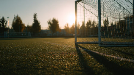 A captivating view of a soccer goal set against a vibrant sunset, showcasing a calm atmosphere and soft shadows on a well-maintained artificial turf field.の素材