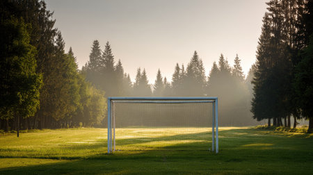 A tranquil soccer goal stands in a misty forest landscape, bathed in the warm light of sunrise, creating a serene atmosphere perfect for outdoor sports.の素材