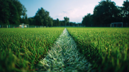 Experience the beauty of a well-maintained soccer field with vibrant green grass and white line markings under a clear sky. Perfect for sports and outdoor activities.の素材
