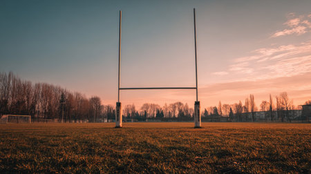 A tranquil rugby field at sunset, featuring goalposts and a clear sky. This serene outdoor scene evokes feelings of calmness and showcases nature's beauty.の素材