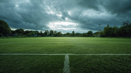 A serene view of an empty soccer field bathed in soft light under a dramatic cloudy sky, perfect for capturing the essence of outdoor sports and tranquility.の素材