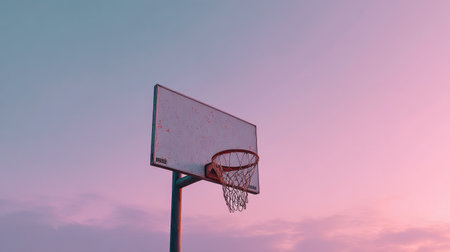 A striking basketball hoop silhouetted against a colorful sunset sky, perfect for capturing the essence of evening sports and vibrant youth activities.の素材