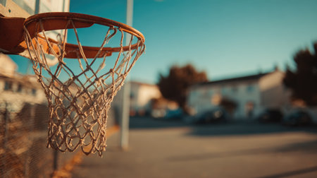 A captivating image featuring a basketball hoop in an urban playground, set against a vibrant sky and residential buildings, perfect for showcasing community sports.の素材