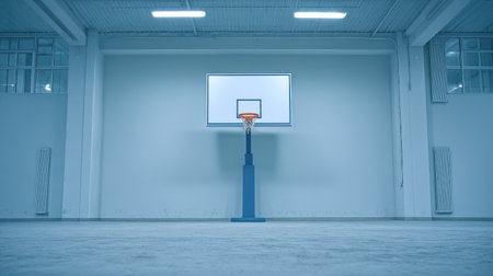 A minimalist indoor basketball court showcases a mounted hoop against a soft-lit wall, creating an inviting atmosphere for sports, practice, or training activities.の素材