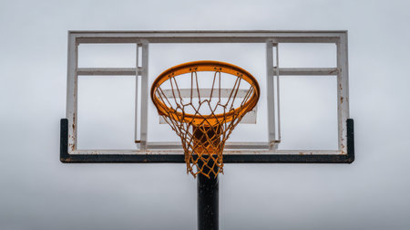 An urban basketball hoop stands alone under an overcast sky, symbolizing the spirit of the sport. Ideal for projects on athletics, recreation, and community engagement.の素材