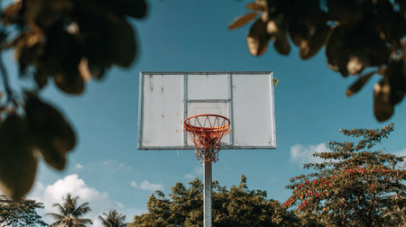 An empty basketball hoop stands against a bright blue sky, framed by lush greenery. This serene scene captures the essence of outdoor sports and vibrant nature.の素材