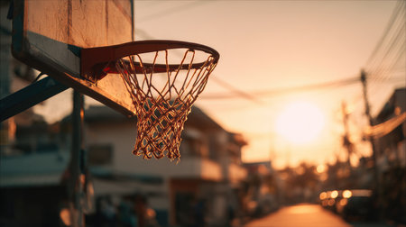 Captivating image of a basketball hoop against a stunning sunset in an urban setting. The scene portrays a vibrant atmosphere, reflecting life and sports in community.の素材