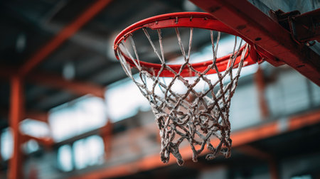 Close-up of a basketball hoop in an indoor gym setting, highlighting the net and structure, ideal for themes of sports, competition, fitness, and athletic training.の素材