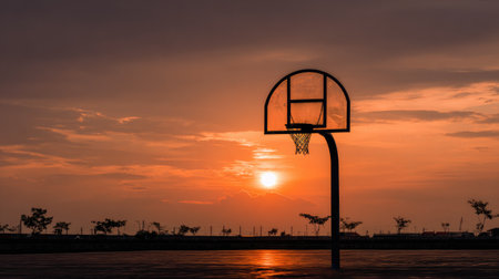 A serene sunset scene features a basketball hoop silhouetted against vibrant hues, showcasing an empty court that invites reflection and tranquility.の素材