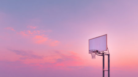 An empty basketball hoop stands against a stunning sunset backdrop, highlighting the beauty of solitude and freedom in sports. Ideal for inspiring visuals.の素材