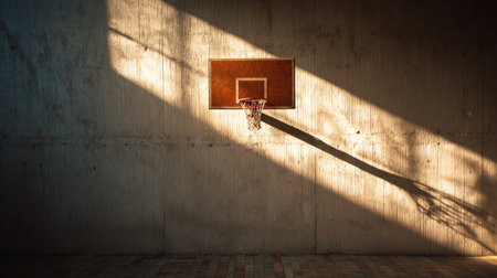 A stunning image featuring a basketball hoop illuminated by sunlight, casting long shadows against a textured wall. Ideal for themes of sport and urban life.の素材