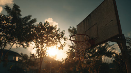 A picturesque view of an abandoned basketball court with a hoop silhouetted against a stunning sunset, surrounded by lush trees and a tranquil atmosphere.の素材