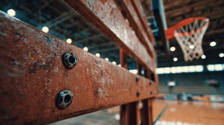 Captivating close-up of a weathered basketball hoop showcasing worn textures of the backboard, with a blurred court in the background emphasizing sports energy.の素材