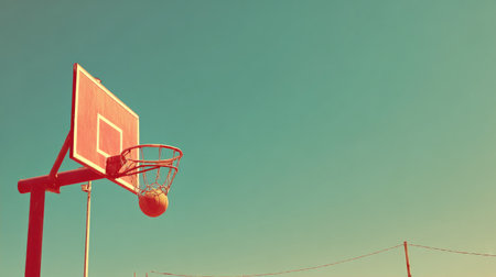 Captivating image of a bright basketball hoop with an orange ball suspended mid-air against a clear sky, perfect for sports and recreation themes in vibrant colors.の素材