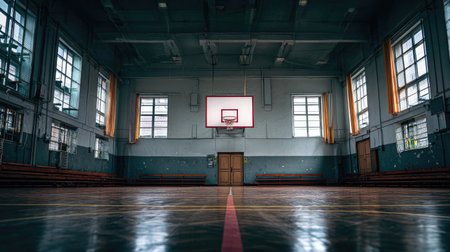 A serene view of an empty basketball court in a spacious gymnasium, showcasing wooden flooring and high windows that enhance the bright ambiance.の素材