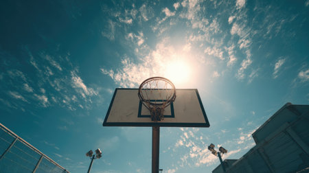 A captivating view of a basketball hoop under a vast blue sky filled with clouds and sunlight, capturing the essence of outdoor sports and athleticism.の素材