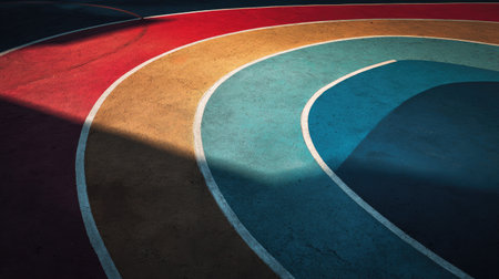This image features an abstract view of a colorful running track with curved lines. The interplay of light and shadows adds depth, making it perfect for artistic projects.の素材